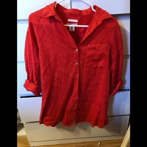 Red linen shirt.